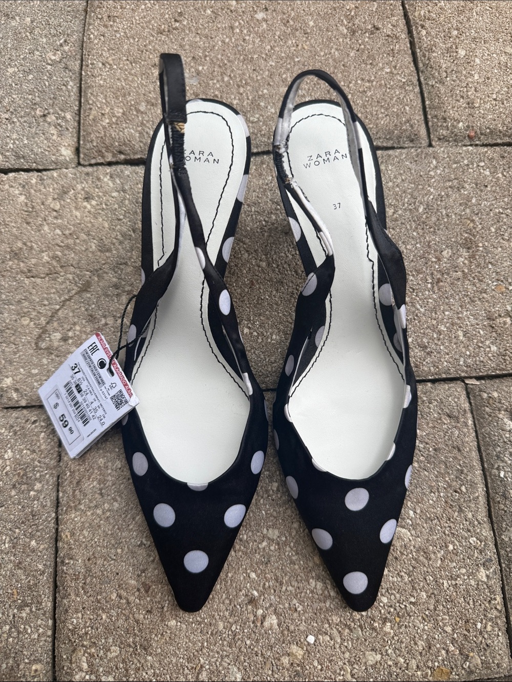 Zara Black and White Polka Dot Slingback Pointed Heels